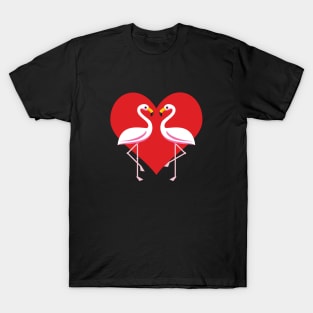 Cute White Pink Flamingos with Red Heart - Black T-Shirt